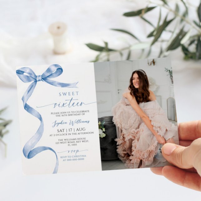 Blue Bow Foto Sweet 16 Birthday Einladung (Von Creator hochgeladen)