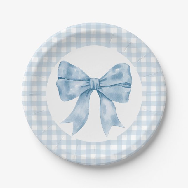 Blue Bow Gingham Paper Plate Pappteller (Vorderseite)