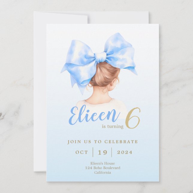 Blue Bow Girl Birthday Invite Einladung (Vorderseite)