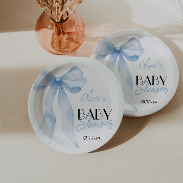 Blue Bow Hand Drawing Script Baby Boy Dusche Pappteller (Von Creator hochgeladen)