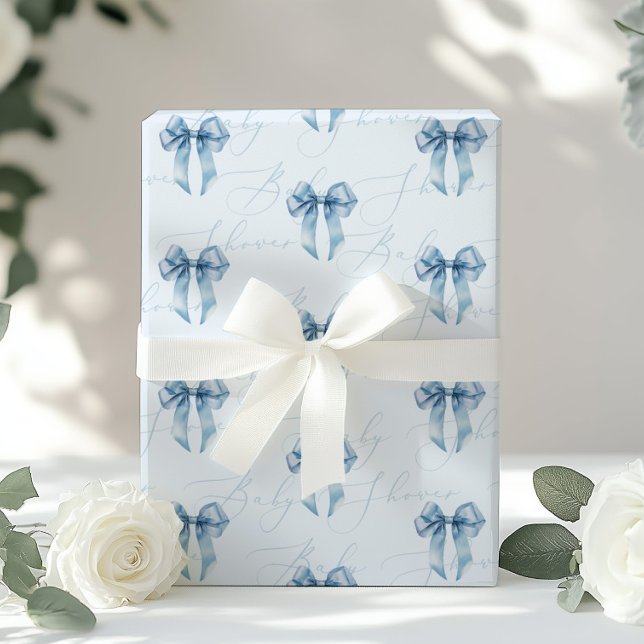 Blue Bow Kalligraphie moderne Baby Dusche Geschenkpapier (Von Creator hochgeladen)