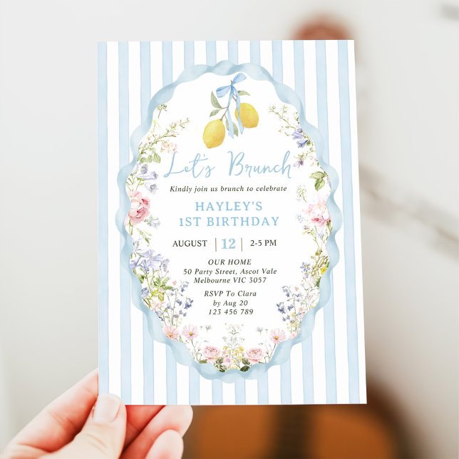 Blue bow lemon birthday Invitation Einladung (Von Creator hochgeladen)