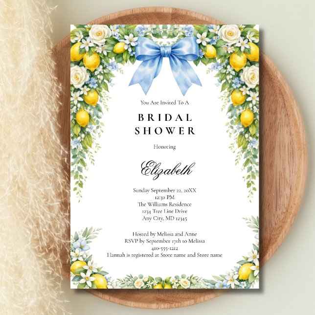 Blue Bow Lemons Florals Bridal Shower Einladung (Blue Coquette Bow, Mediterranean Lemons Florals Bridal Shower Invitation. Digital or Printed)