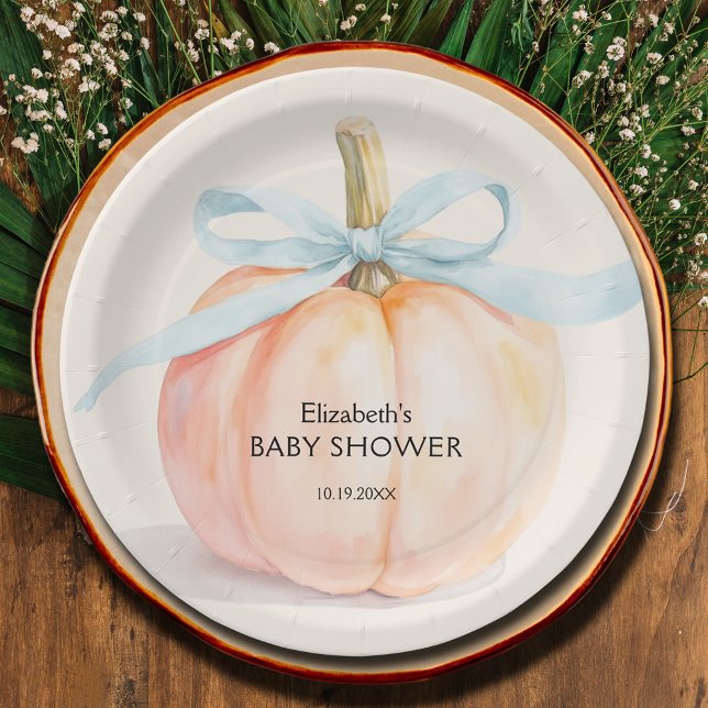 Blue Bow Little Pumpkin Baby Dusche Pappteller (Blue Bow Little Pumpkin Boy Baby Shower Paper Plates)