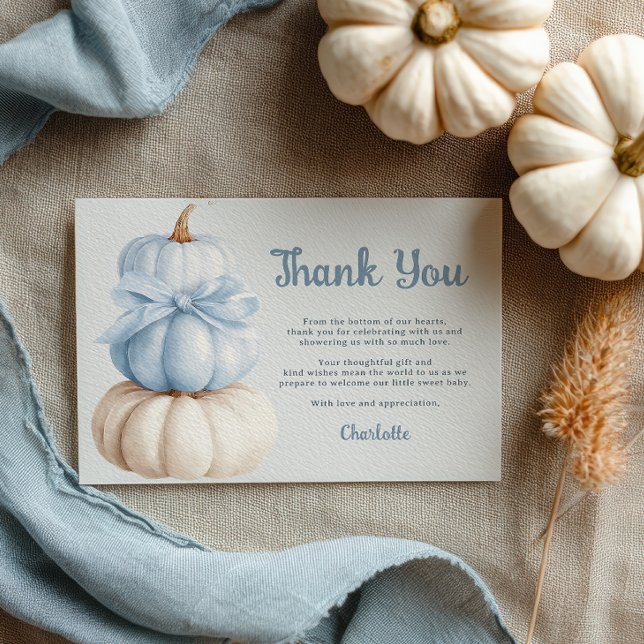 Blue Bow Little Pumpkin Boy Baby Dusche Dankeskarte (Blue Bow Little Pumpkin Boy Baby Shower Thank You Card)