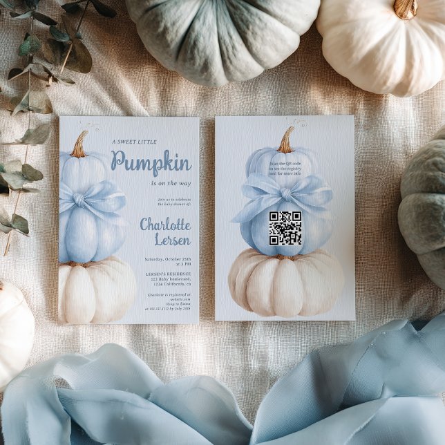 Blue Bow Little Pumpkin Boy Baby Dusche QR Code Einladung (Blue Bow Little Pumpkin Boy Baby Shower QR Code Invitation)