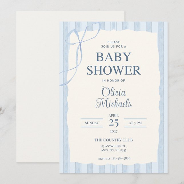 Blue Bow Minimalist Baby Shower Invitation Mitteilungskarte (Vorne/Hinten)