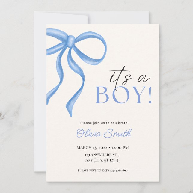 Blue Bow Minimalist Baby Shower Invitation Mitteilungskarte (Vorderseite)