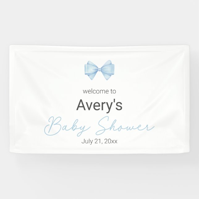 Blue Bow Modern Boy Baby Dusche Banner (Horizontal)