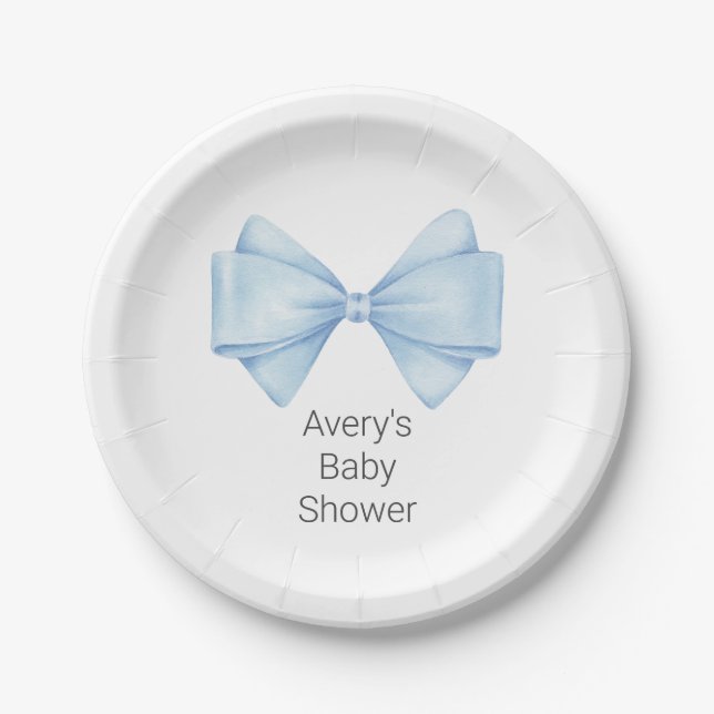 Blue Bow Modern Boy Baby Dusche Pappteller (Vorderseite)