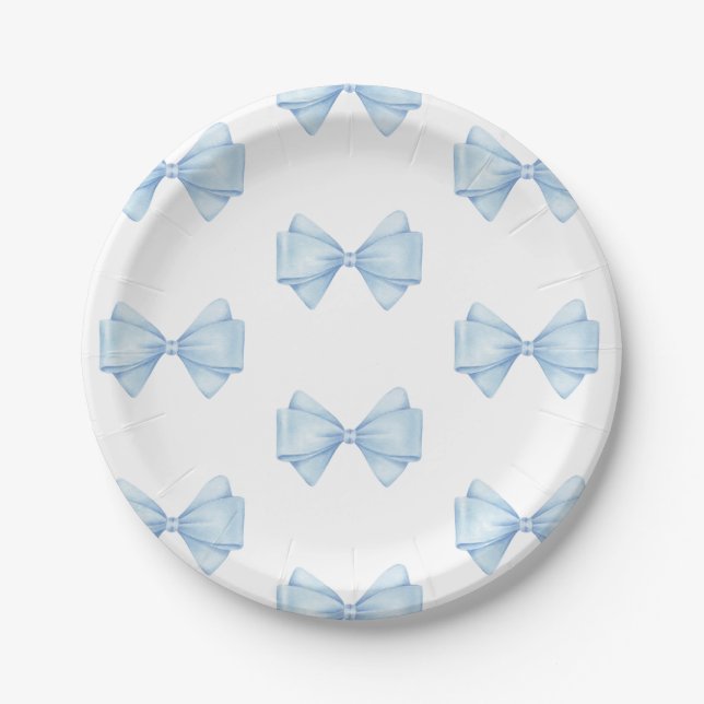 Blue Bow Modern Boy Baby Dusche Pappteller (Vorderseite)