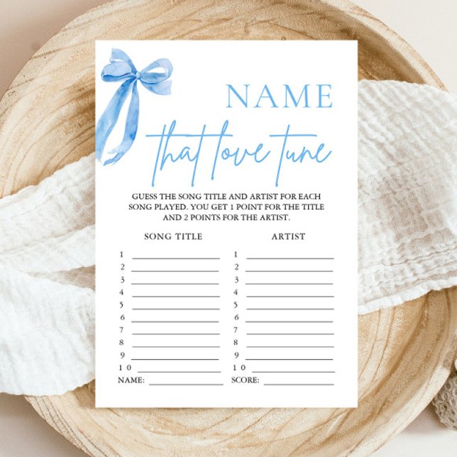 Blue Bow Name Diese Liebe Tuning Brautparty Game Einladung (Modern Blue Bow Coquette Name That Love Tune Bridal Shower Game She's Tying the Knot Bridal Shower)