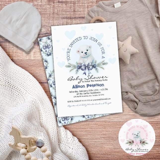 Blue Bow Niedlich Bear Cub Winter Boy Baby Dusche Einladung (Cute Baby Boy Baby Shower Invitation for Winter)