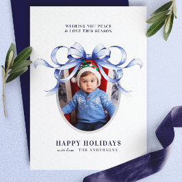 Blue Bow Oval Frame Happy Holidays Foto Feiertagskarte