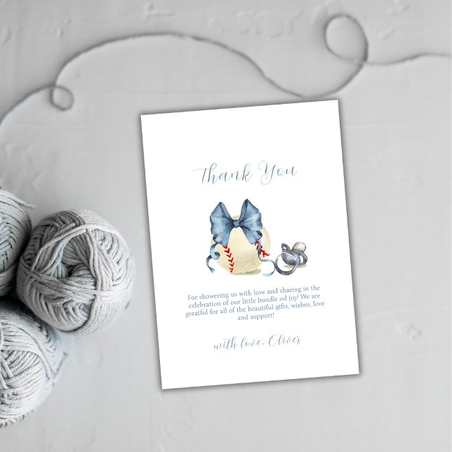 Blue Bow Pacifier Baseball Sport Boy Baby Shower  Dankeskarte (Blue Bow Pacifier Baseball Sport Boy Baby Shower Thank You Card)