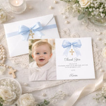 Blue bow photo boy gold cross Baptism