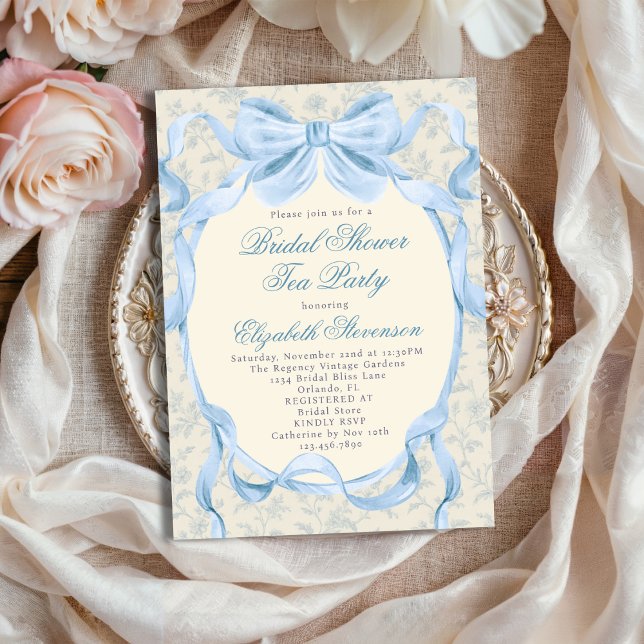 Blue Bow Regency Garden Tea Party Bridal Shower  Einladung (Von Creator hochgeladen)