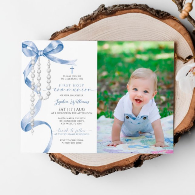 Blue Bow & Rosary Foto Erste Heilige Kommune Einladung (Von Creator hochgeladen)