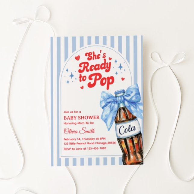 Blue Bow She's Ready to Pop Baby Shower Invitation Einladung (Von Creator hochgeladen)