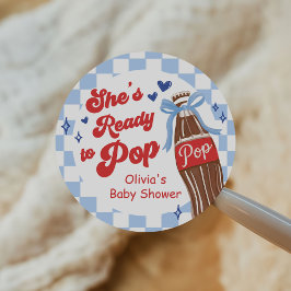 Blue Bow She's Ready to Pop Baby Shower Runder Aufkleber