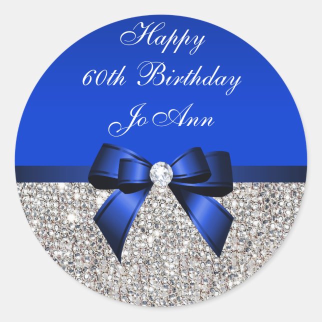 Blue Bow Silver Sequins Geburtstag Runder Aufkleber (Vorderseite)