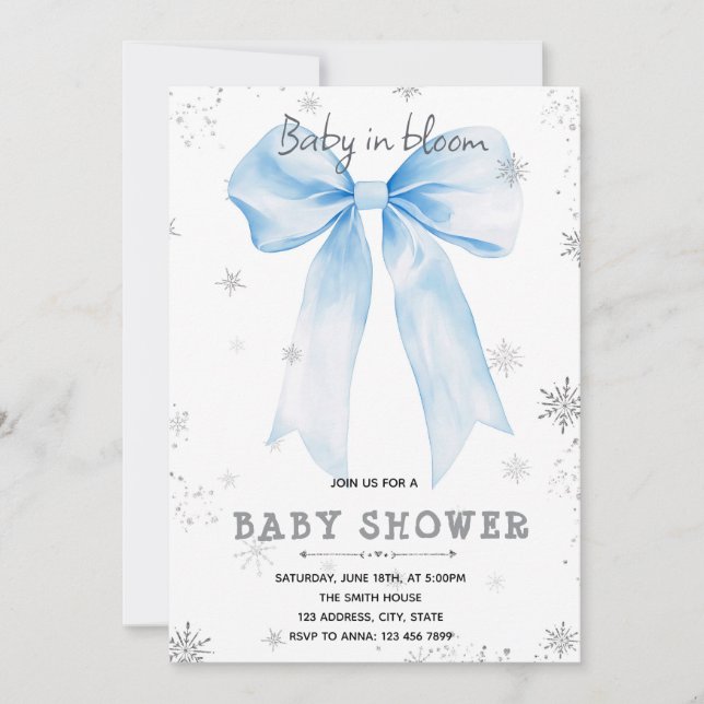 Blue Bow snowflake invitation Einladung (Vorderseite)