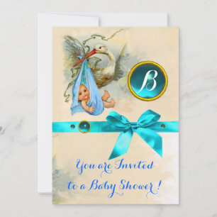 BLUE BOW STORK BABY BOY SHOWER GEMSTONE MONOGRAM EINLADUNG