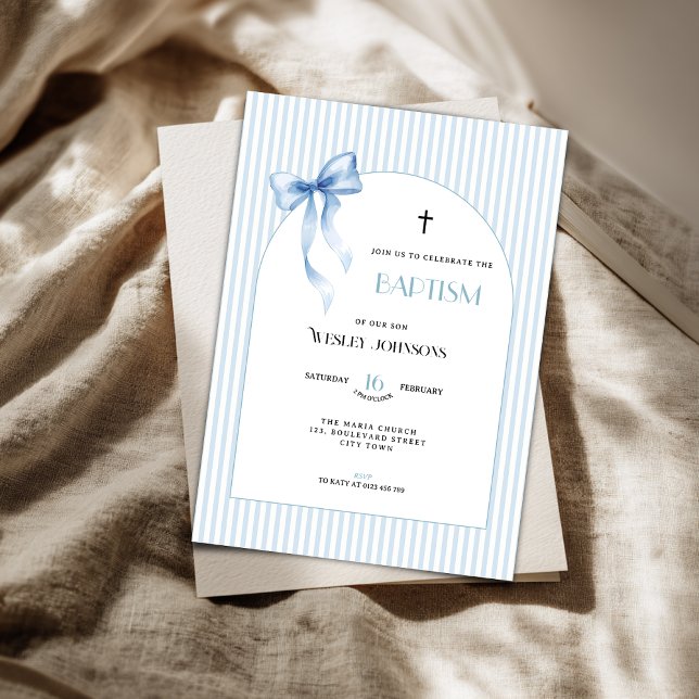 Blue Bow Striped Baptism Invitation for Boys Einladung (Blue pink baptism invitation for boys)