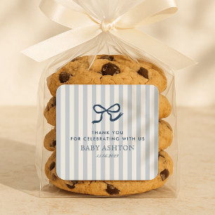 Blue Bow & Stripes Baby Dusche Quadratischer Aufkleber