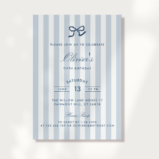 Blue Bow & Stripes Boy zum Geburtstag Einladung