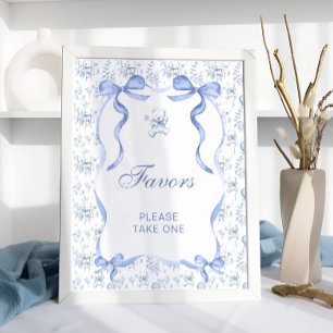 Blue Bow Toile Bear Baby Shower Favoriten Poster