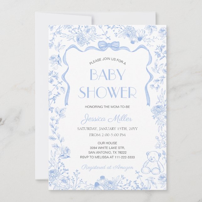 Blue Bow Toile De Jouy Boy Baby Shower Einladung (Vorderseite)