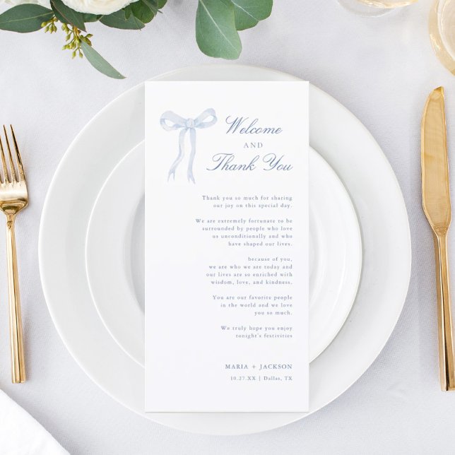 Blue Bow Toile Willkommen und vielen Dank Platzkar Dankeskarte (Von Creator hochgeladen)
