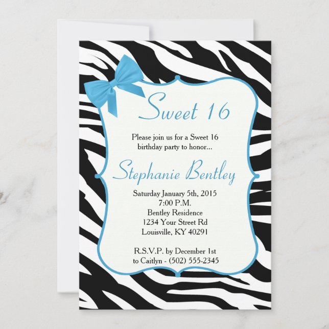Blue Bow und Zebra Sweet 16 Geburtstag Einladung (Vorderseite)