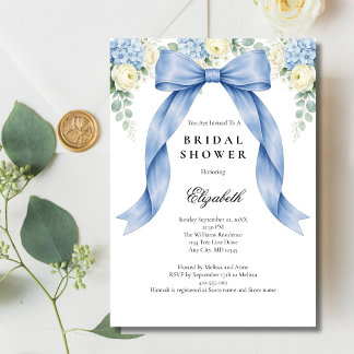 Blue Bow Watercolor Florals Bridal Shower Einladung
