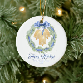 Blue Bow Watercolor Wreath Grandmillenial Keramik Ornament