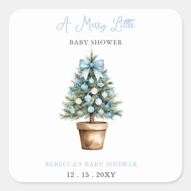 Blue Bow Weihnachtsbaum Merry Little Baby Dusche Quadratischer Aufkleber (Vorderseite)