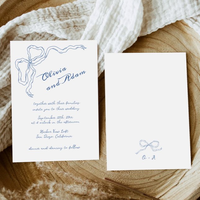 Blue Bow Whimsical Handwriting Elegant Wedding Einladung (Von Creator hochgeladen)