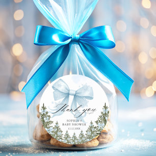 Blue Bow Winter Baby Dusche Vielen Dank Runder Aufkleber