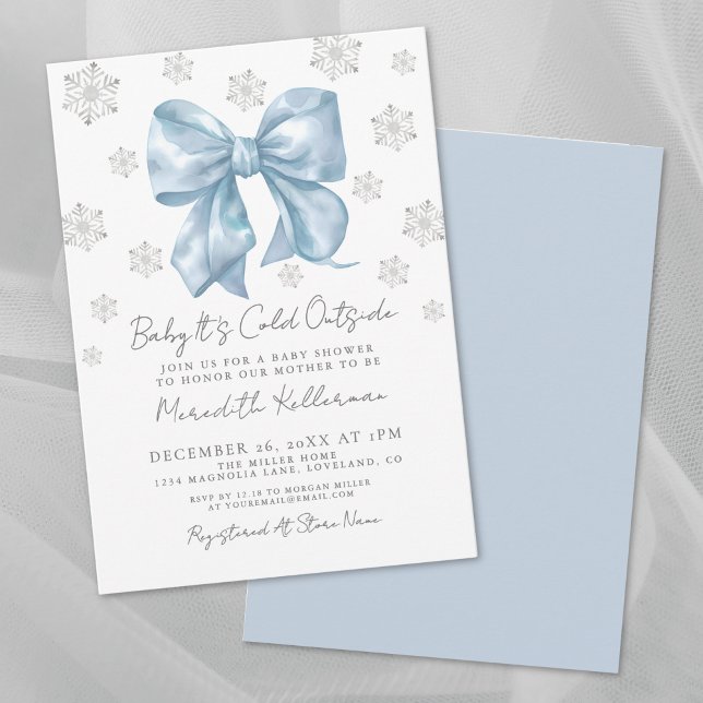 Blue Bow Winter Boy Baby Dusche Einladung (Blue Bow Winter Boy Baby Shower Invitation)
