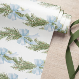Blue Bow Winter Green Wrapping Paper Geschenkpapier