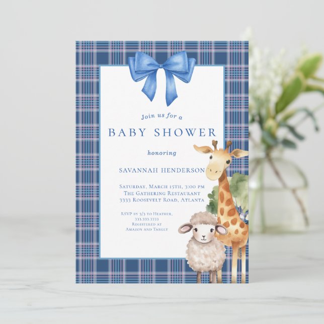 Blue Bow Woodland Animals Baby Dusche Einladung (Stehend Vorderseite)