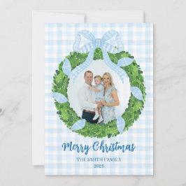 Blue Bow Wreath Christmas Photo Holiday Card Feiertagskarte