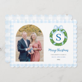 Blue Bow Wreath Christmas Photo Holiday Card Feiertagskarte