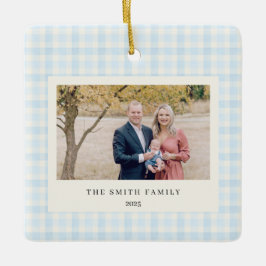 Blue Bow Wreath Gingham Photo Christmas Keramikornament