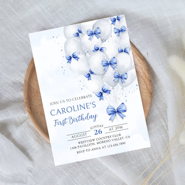 Blue Bows Balloons Einladung zum Geburtstag (Von Creator hochgeladen)
