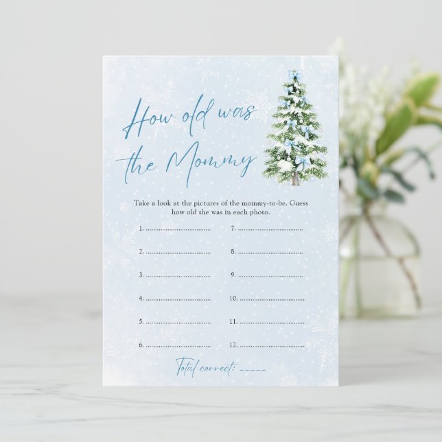 Blue Bows Christmas Baby How Old Was Mommy Game Einladung (Stehend Vorderseite)