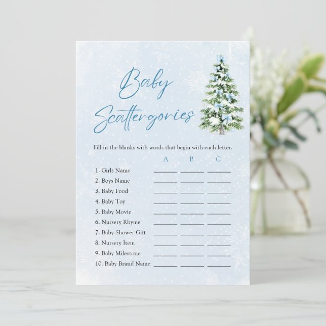 Blue Bows Christmas Baby Shower Scattergories Game Einladung (Stehend Vorderseite)