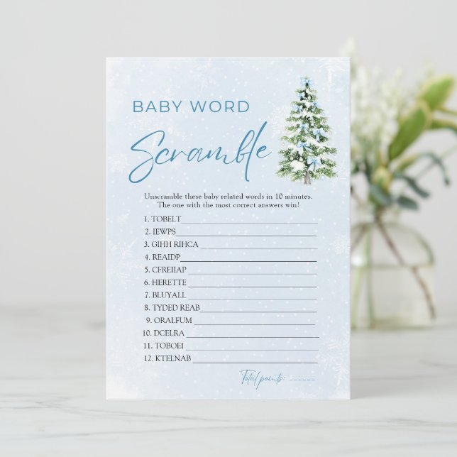 Blue Bows Christmas Tree Baby Word Scramble Game Einladung (Stehend Vorderseite)