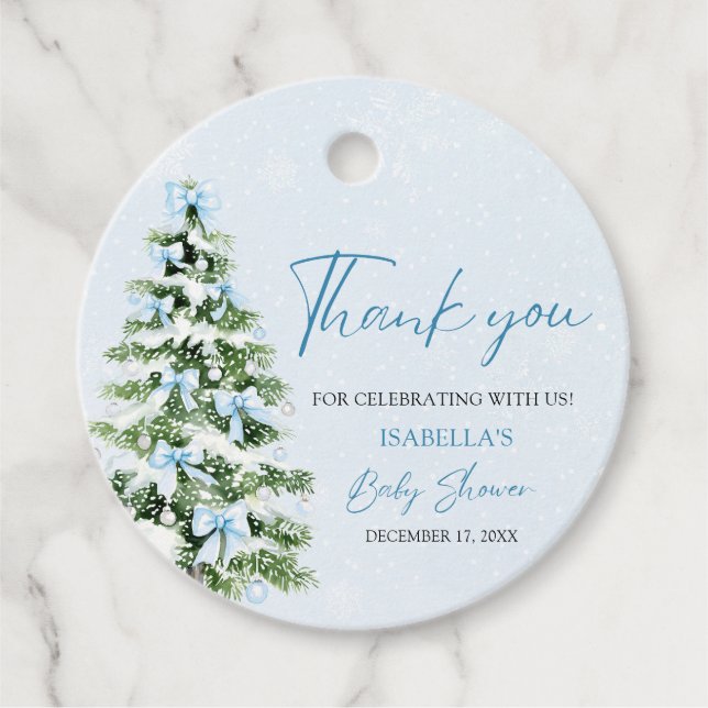Blue Bows Christmas Tree Boy Winter Baby Shower Geschenkanhänger (Vorderseite)